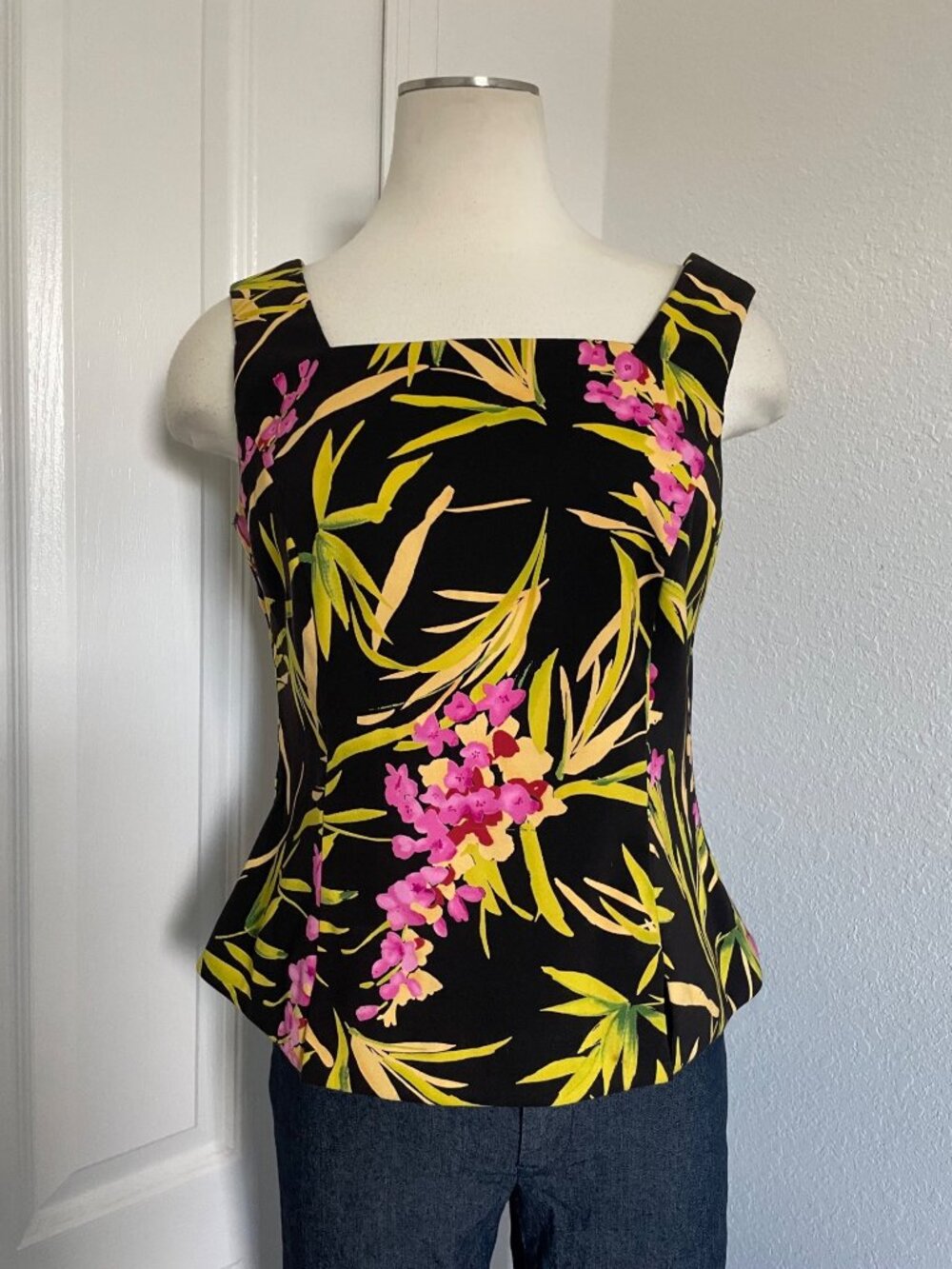Vintage 1990s S.L. Fashions Vibrant Tropical Peplum Tank Top, Women’s Size 8
